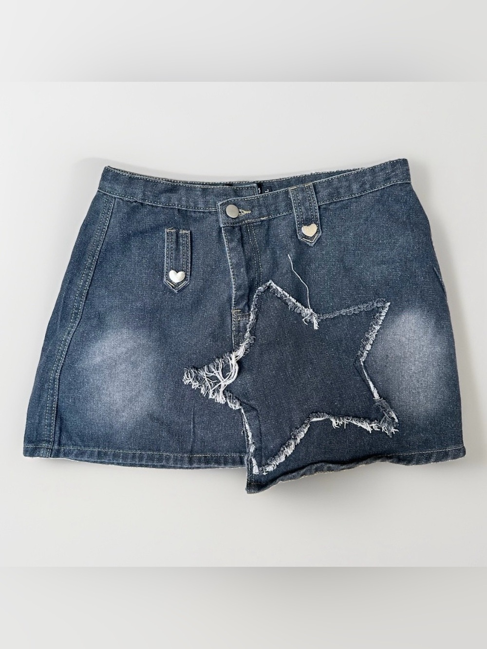 Women’s Sz L Denim Patchwork Star Mini Skirt Skort Heart Button Y2K Streetwear
